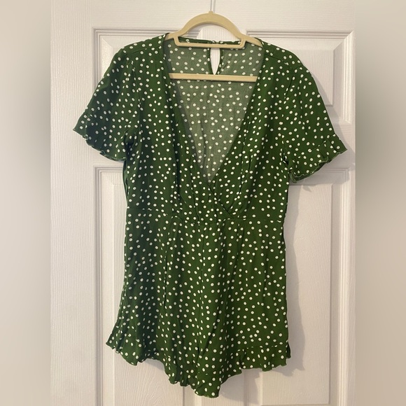 Pants - Green and cream polka dot romper with ruffles
